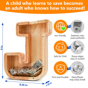 Wooden Letter Piggy Bank for Kids  Initial Coin Bank for Boys and Girls  First Name Personalized Savings Bank for Birthday Boys Girls Gift Piggy Bank for Kids (Wood  S9-J)