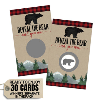 Paper Clever Party Baby Shower Games For Boy - 30 Cards - Fun Scratch Off Game For Guest Activities To Reveal Prizes, Lumberjack Favors Ideas, Mama Bear Theme Red And Black