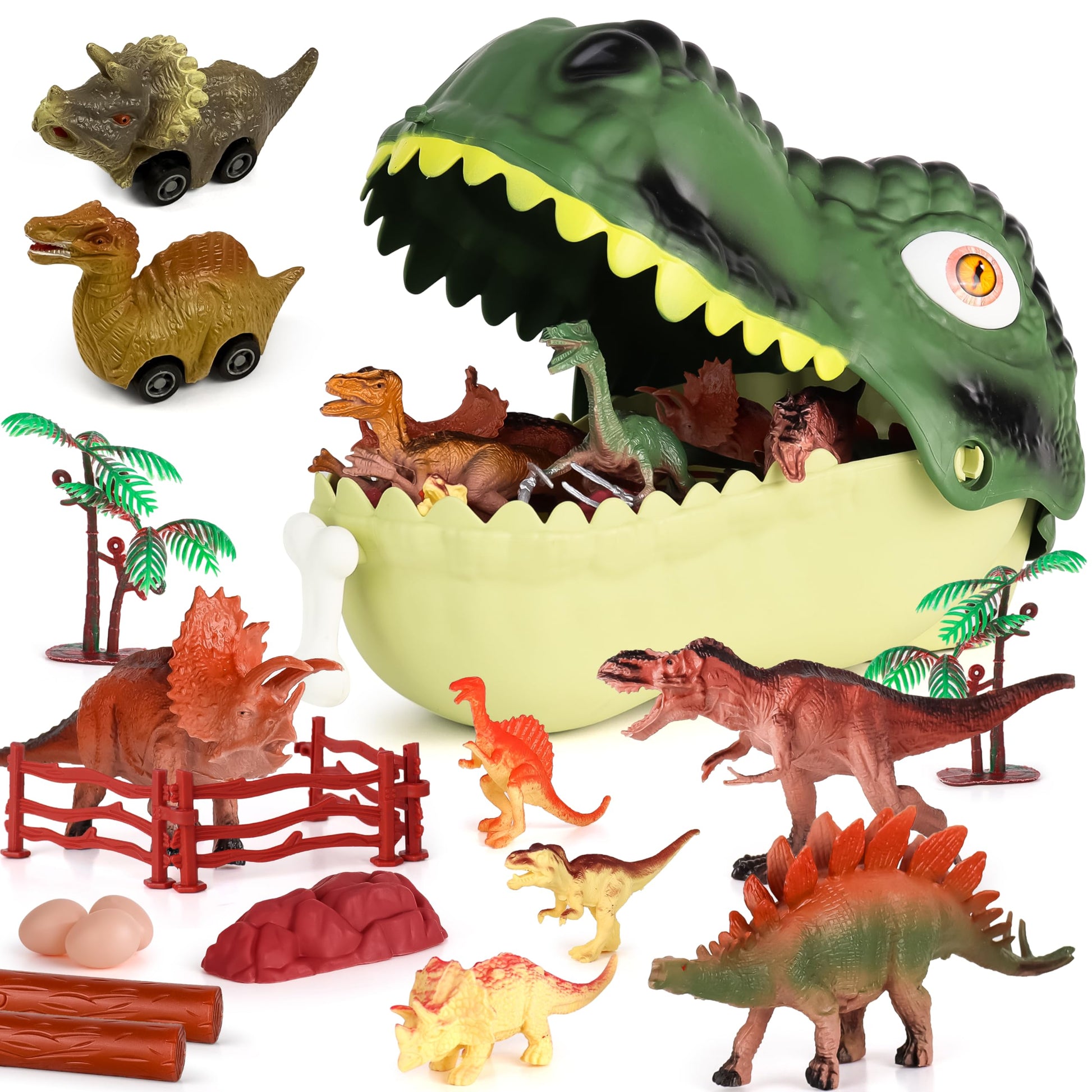 FINcredible Dinosaur Toys for Kids 3-5 - Realistic Dinosaur Figures Including 2 Pullback Dinosaur Cars - Dinosaur Toys for Toddlers & Kids - Toy Dinosaur Playset Gift for 3  4  5  6  7 Boys & Girls