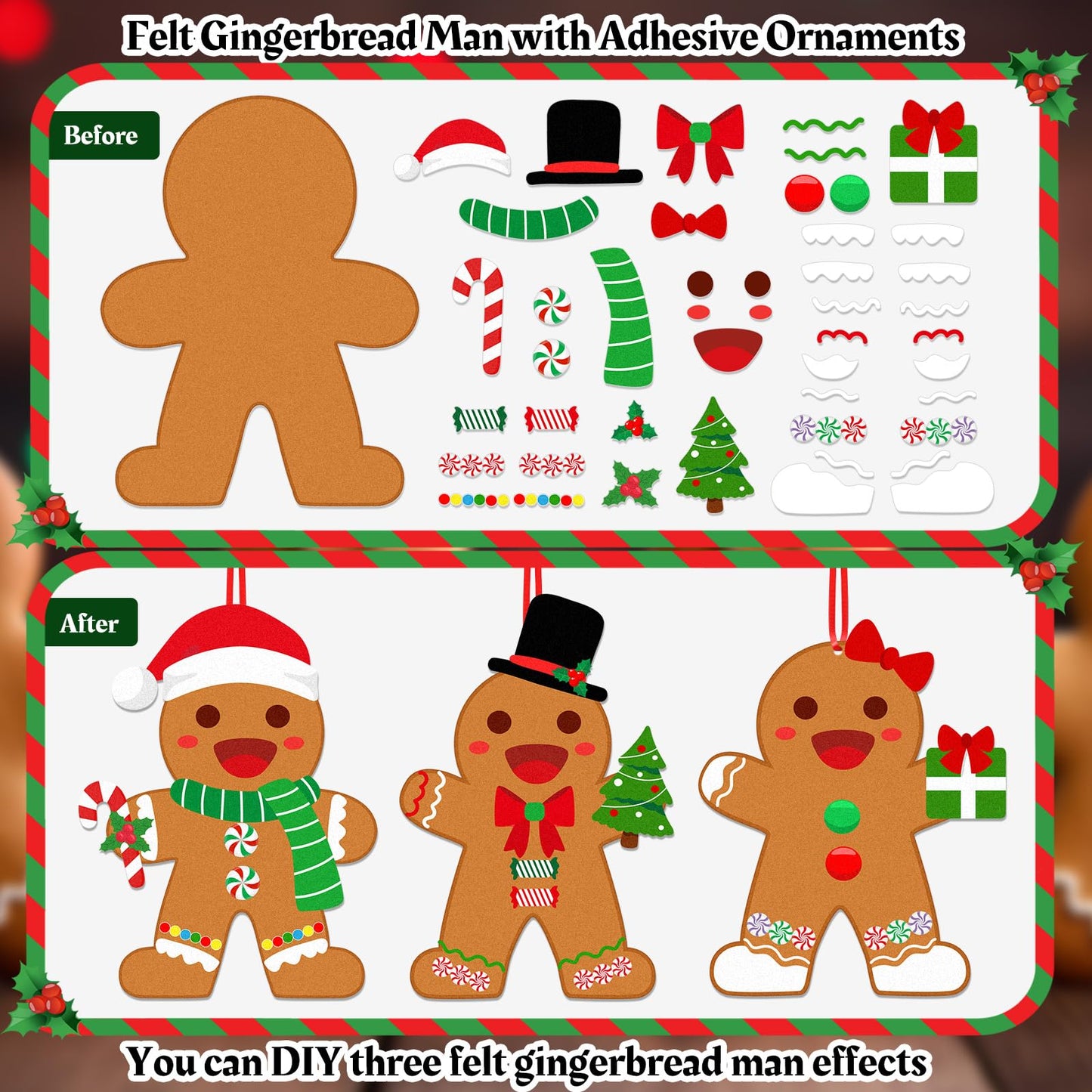 WovWeave Christmas DIY Felt Gingerbread Man Decor Kit with 46 Ornaments - Multicolor, Model KAI-WovWeave-0332, Festive Holiday Craft