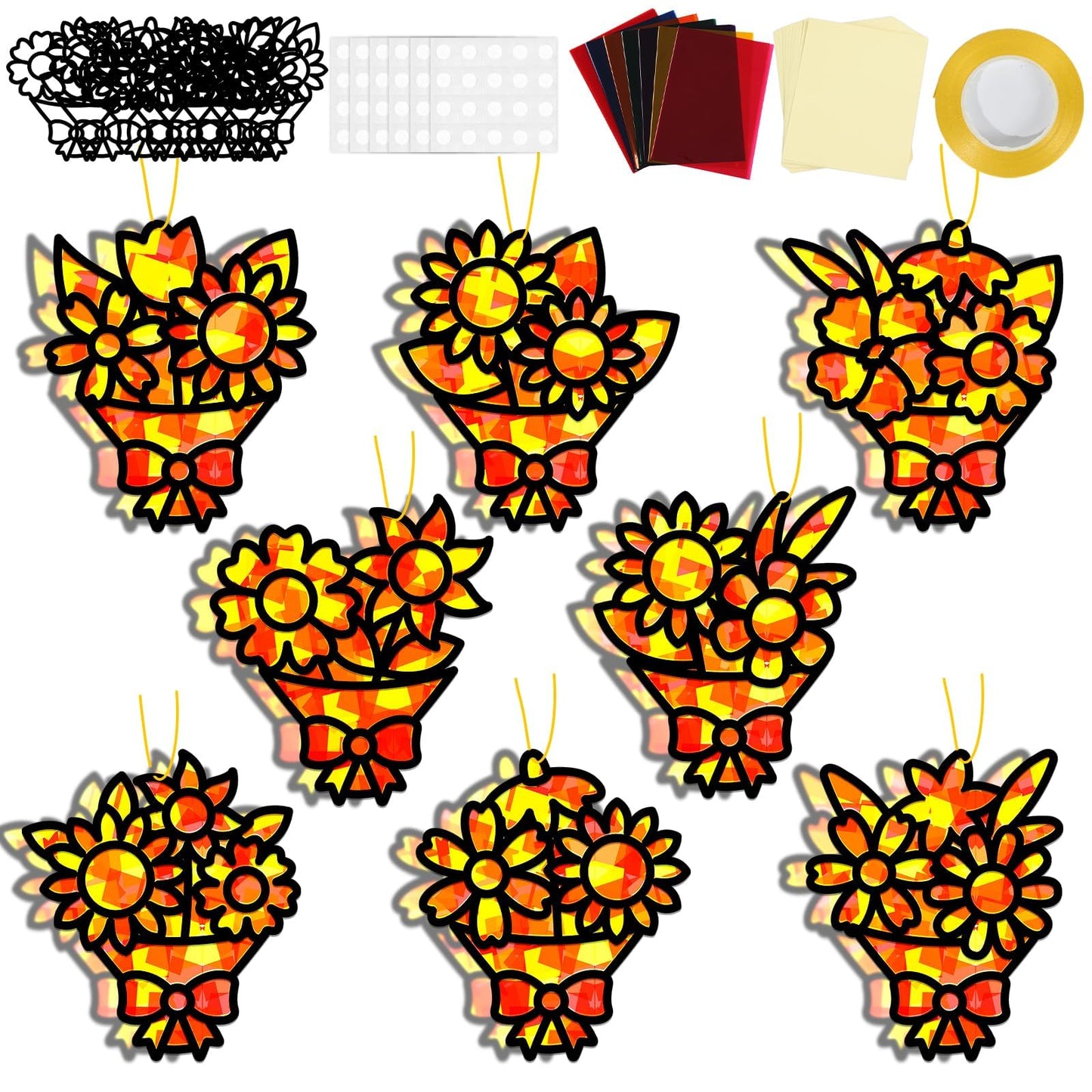 QOUBAI 32 Sets Fall Bouquet Suncatchers Craft Kit DIY Window Stained Glass Effect Autumn Bouquet Paper Crafts Home School Classr