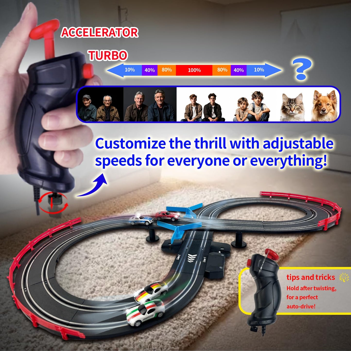 Agm Mastech Slot Car Race Track Sets With 4 Exquisite Slot Cars, Battery Or Electric Car Track, 2 Controllers, Lap Counter, Gift