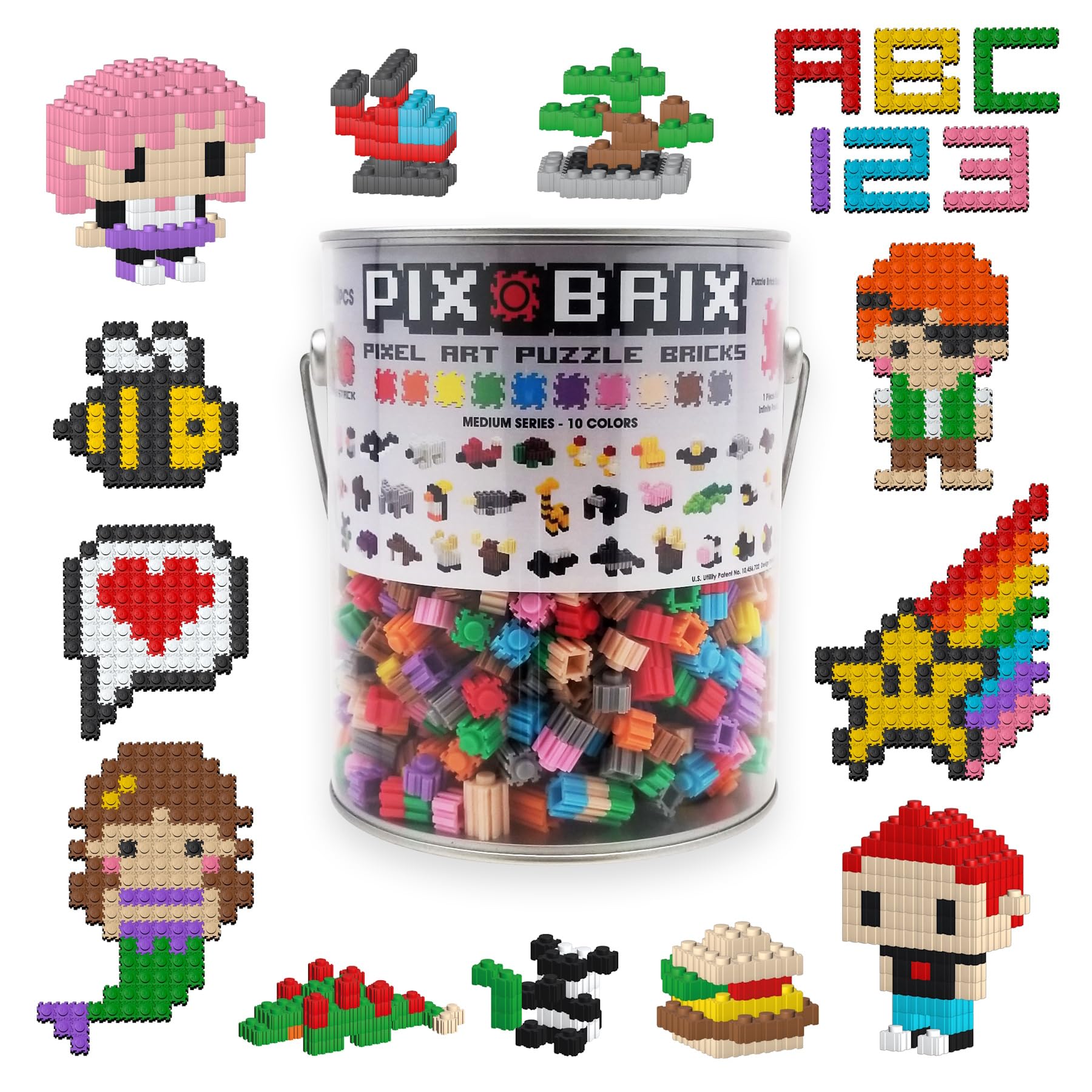 Pix Brix Pixel Art Puzzle Bricks Bucket - 1,500 Piece Pixel Art Kit with 10 Colors, Medium Palette - Patented Interlocking Build