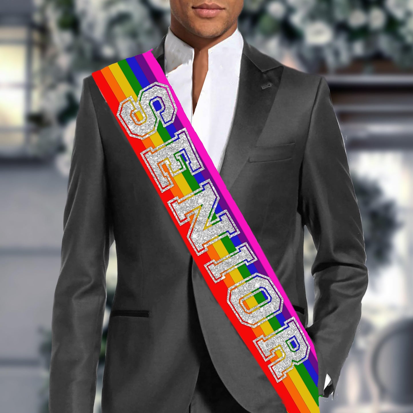 Rhinestonesash Senior Sash Rainbow - Silver Sparkle Senior Rainbow Premium Grade Satin Sash - Gay Pride Graduation Gift - Rainbo
