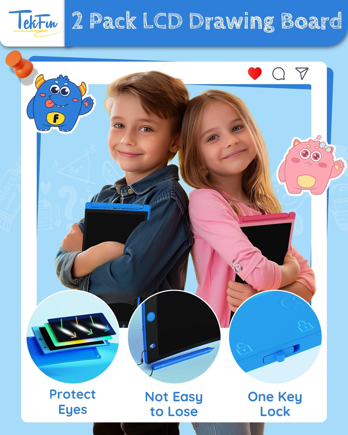 TEKFUN Kids Toys, 2Pcs LCD Writing Tablet with 4 Stylus, 8.5in Erasable Doodle Board Mess Free Drawing Pad for Kids, Car Trip Ed