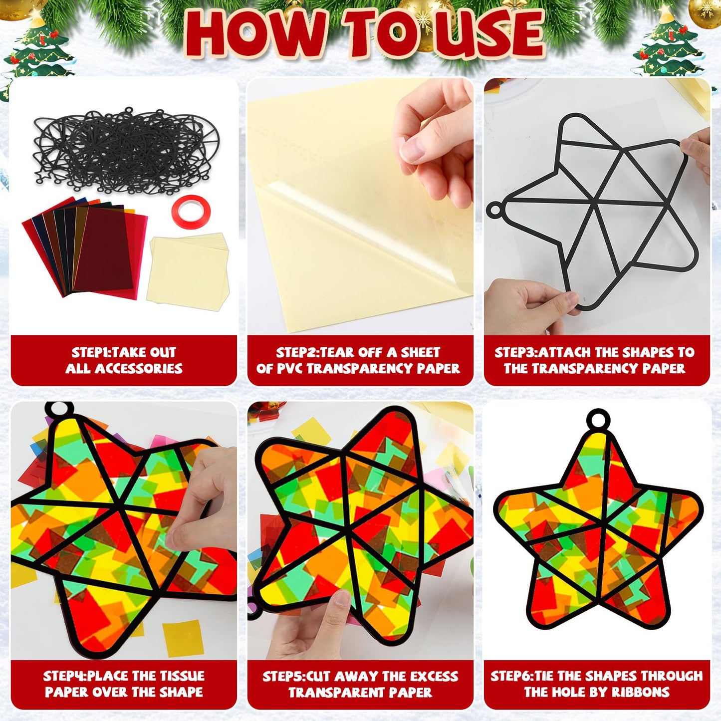 QOUBAI 32 Sets Christmas Suncatchers Craft Kit DIY Colorful Stained Glass Paper Crafts for Kids - Model QB1181