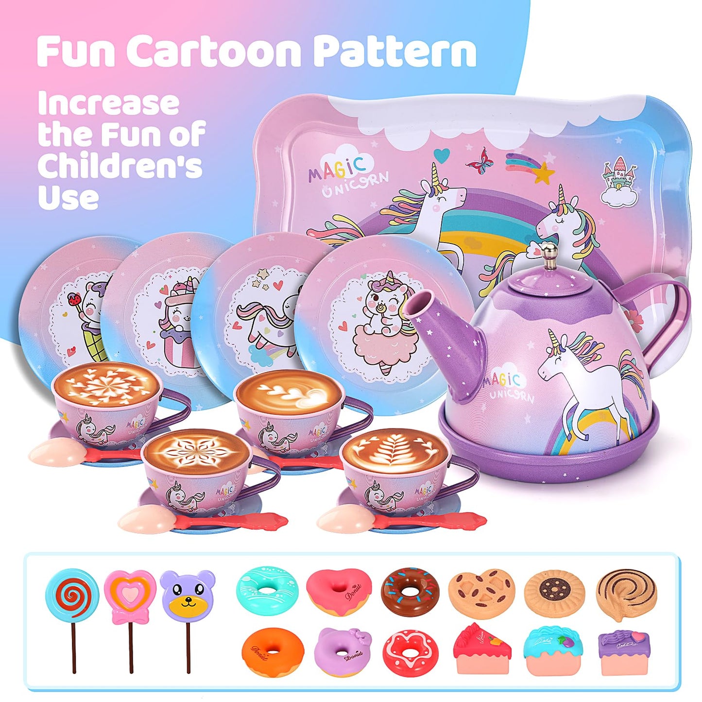 55Pcs Tea Party Set for Little Girls, Princess Tea Party Set, Unicorn Kid Tin Tea Set,Kids Kitchen Pretend Toy, Toddler Tea Part