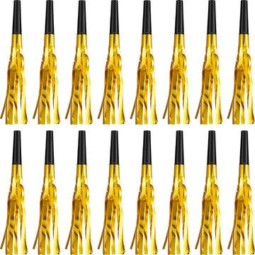 Sumind 24 Pieces Gold Noise Makers Glitter Noise Makers Metallic Fringed Party Blowers for Adults Birthday Graduation Sporting E
