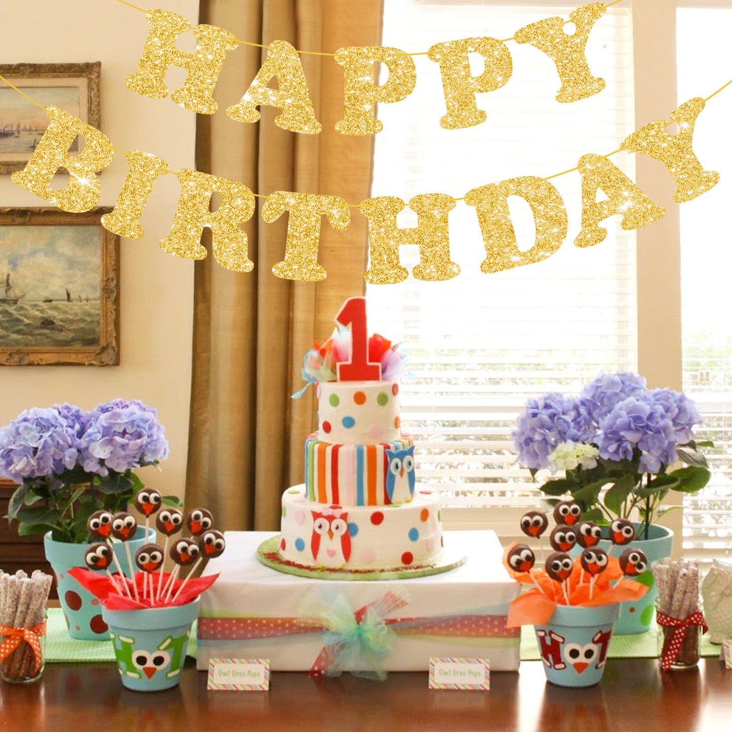 Glitter Gold Happy Birthday Banner Sign With Shiny Letters, Glitter Happy Birthday Bunting Banner Flag Garland For Kids Boys Baby Birthday Party Decorations Supplies