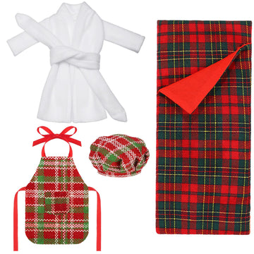 4 Pieces Christmas Elf Doll Accessories Set Santa Clothing Include Elf Sleeping Bag,Bathrobe, Apron And Cap, Christmas Elf Doll Sleeping Bag Set For Elf Doll Clothes Kit(Plaid Style)