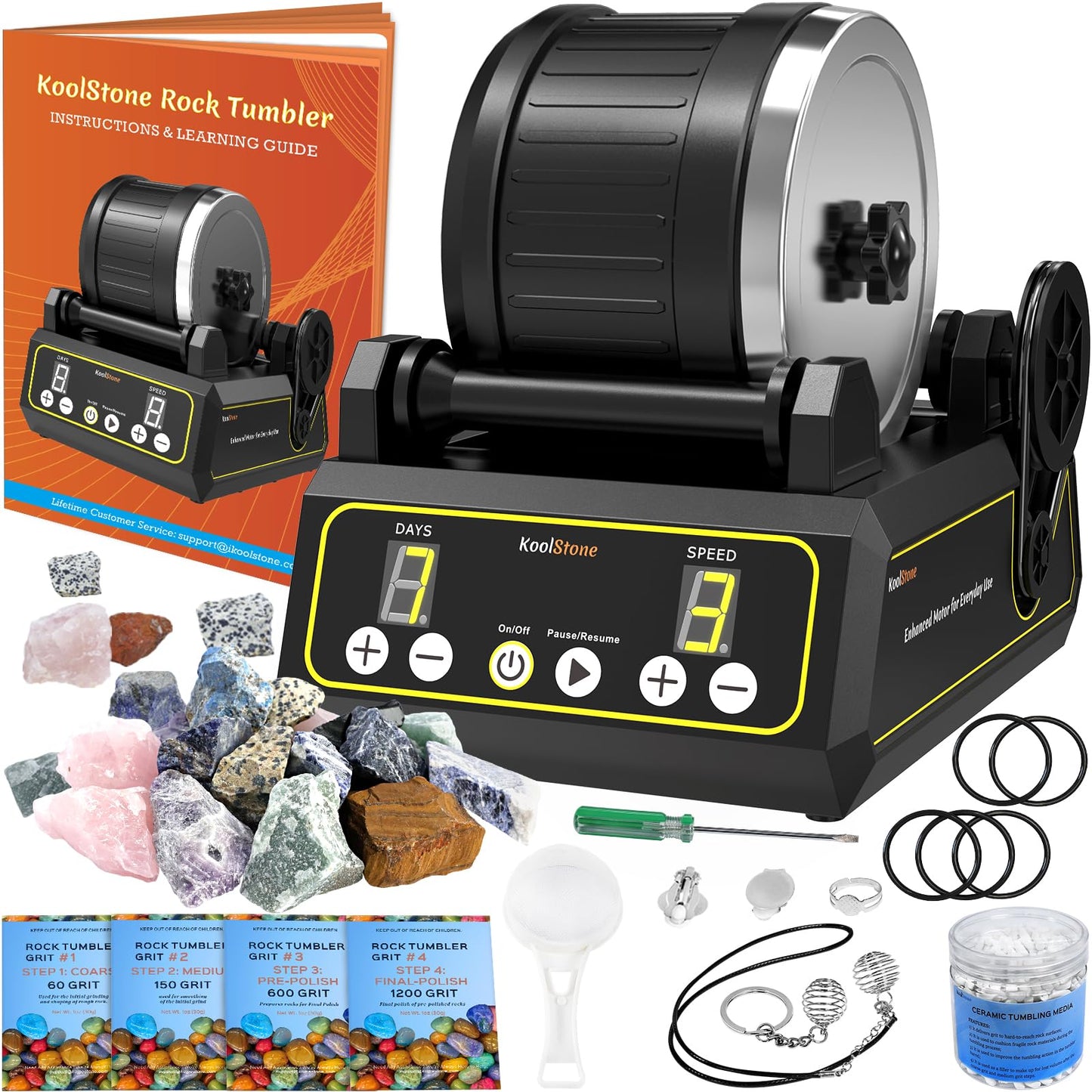 Koolstone C1 Rock Tumbler Kit - Professional Large 2.5Lb Capacity, Up To 5X More Noise Cancelling, Adjustable Timer & Speed With Full Accessories & Memory Function, Ideal For Adults Kids