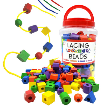 Lmc Products Wooden Lacing Beads & Strings 125 Pieces, Fine Motor Skills Toys For 3 Year Old, Fine Motor Toys, Lacing Beads For Toddlers, Occupational Therapy Toy For Toddler