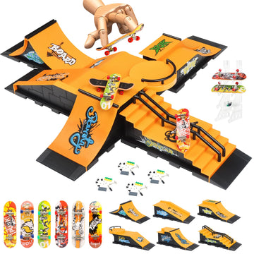 Rngodo Finger Skateboard Ramps Set, 6-In-1 Bigger Fingerboard Skatepark Skate Park Kit Training Props With 6 Finger Skateboard 6