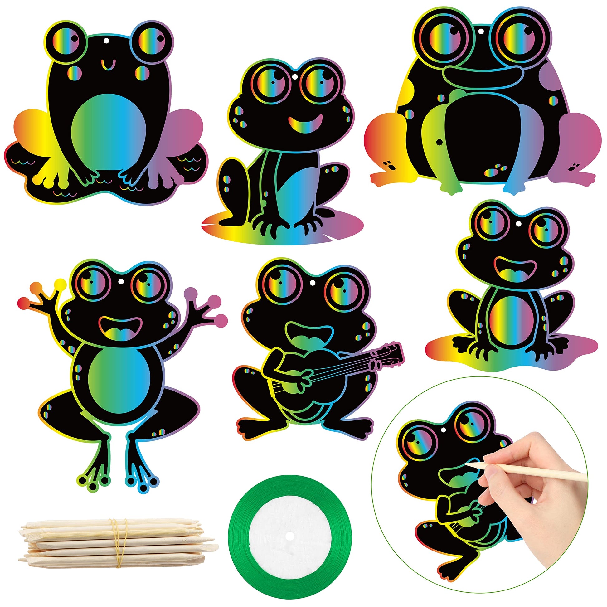 HubirdSall 60Pcs Funky Frogs Scratch Art for Kids Spring Summer Frog Magic Color Craft Passover Hanging Ornaments Kit for School