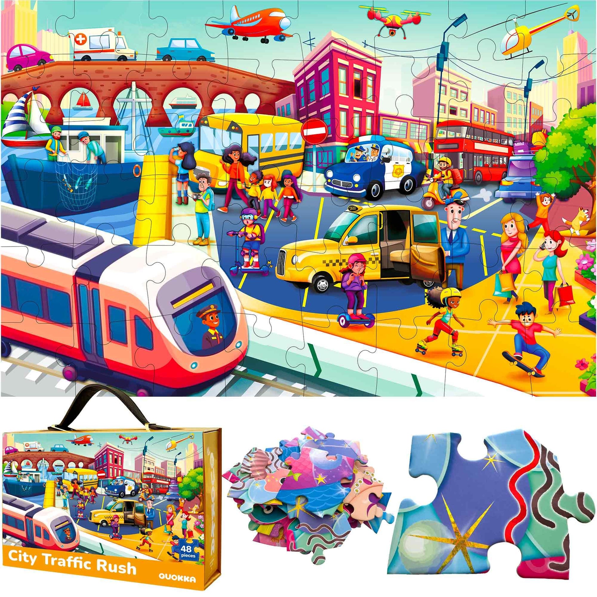QUOKKA Giant Floor Puzzle for Kids Ages 4-6 - 2x3 Feet Extra-Thick 48 Pieces Toddler Puzzle Ages 3-5 - City Cars Educational Activity for Boys Girls - enhanced Box with Sturdy Handle & Magnetic Closure