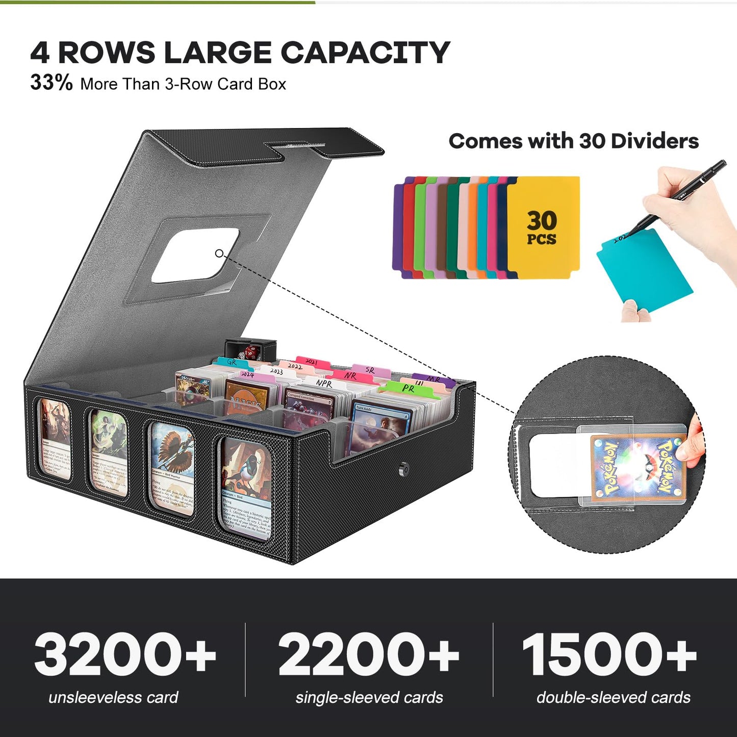 Gomyrod 3200+ Trading Card Storage Box, 4-Row Deck Box with Handle, Black & Grey, Includes 30 Dividers, 8 Supporters, 1 Dice Tray