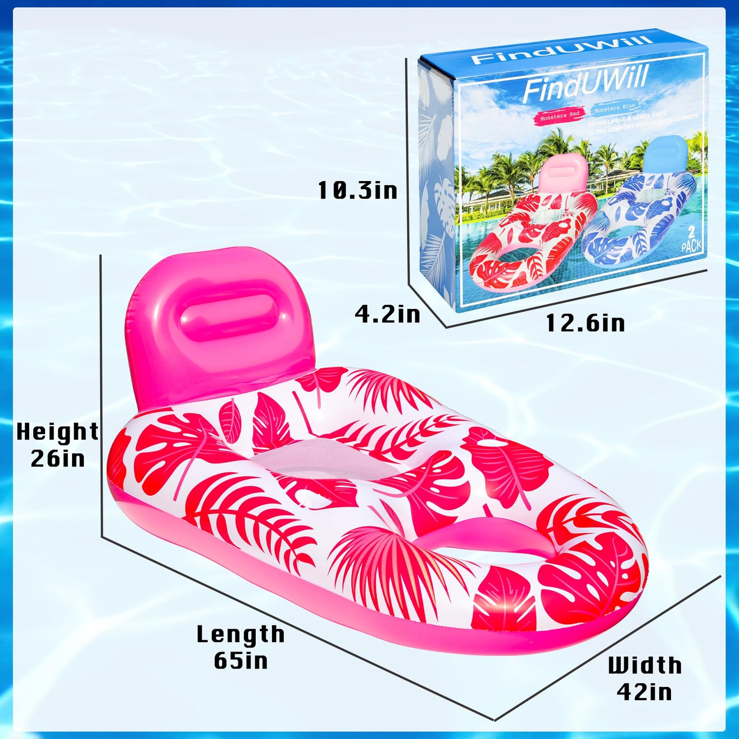 FindUWill Pool Floats mature-themed - 2 Pack Oversized Pool Chairs  Tanning Pool Lounger  Inflatable Pool Float Lounge with Cup  Phone Holder  Backrest  Footrest (Blue&Red)