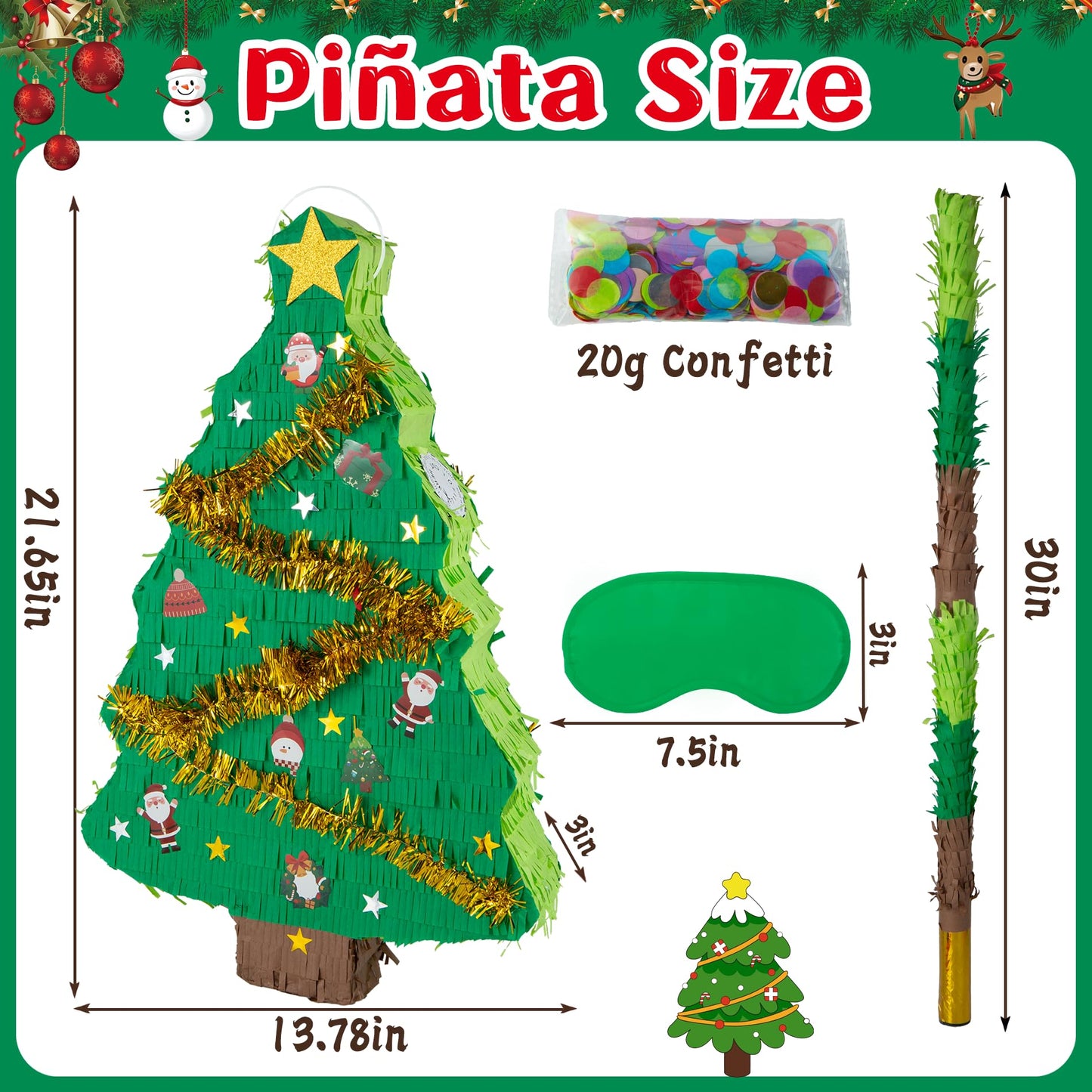 PCFING 21.6 Inch Christmas Tree Piata with 30 Inch Piata Stick Blindfold Confetti for Boy Girl Adults Xmas Party Game Decoration