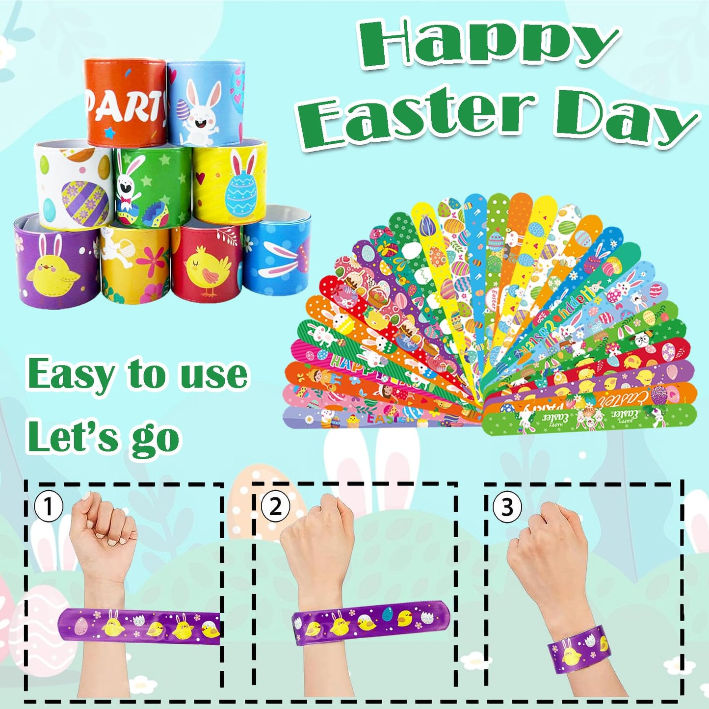 SUNPROUND 100Pcs Easter Slap Bracelets, Easter Basket Stuffers Party Favors Snap Wristbands for Kids Egg Fillers Gifts Exchange