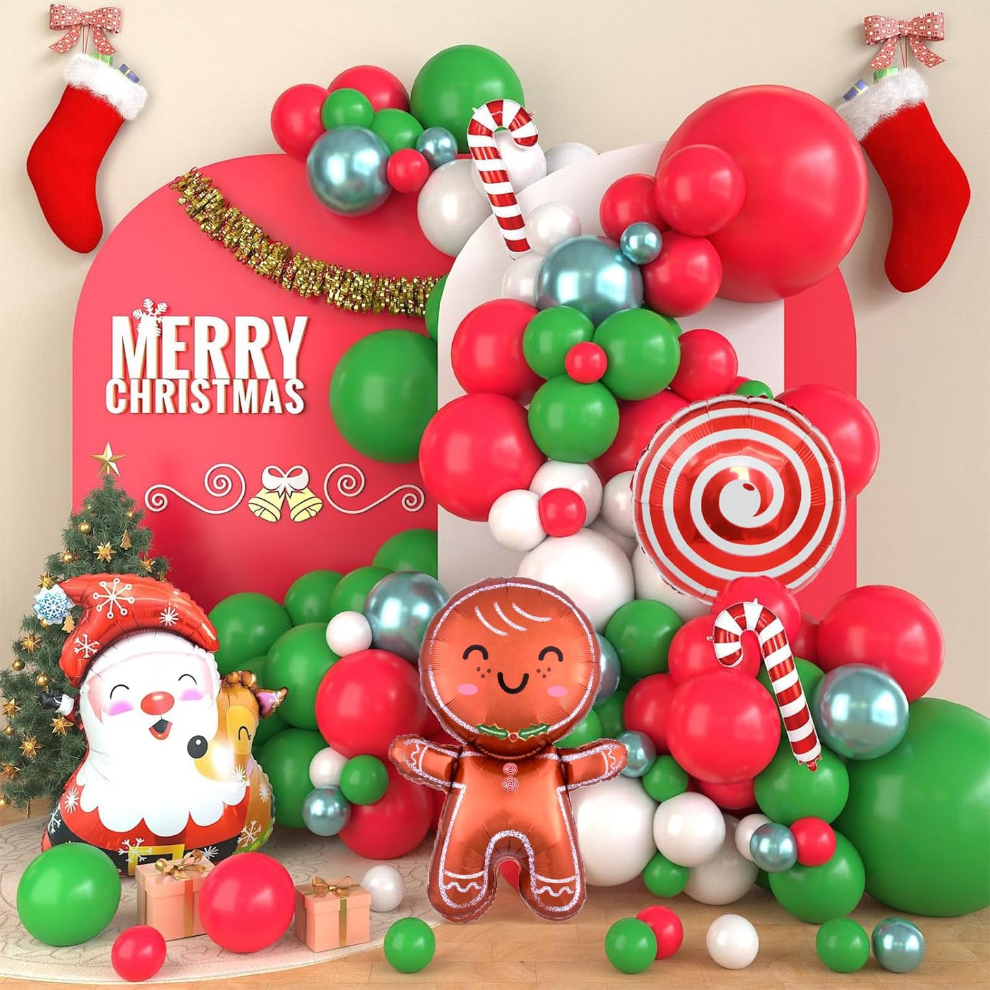 Christmas Balloon Garland Arch Kit, Christmas Balloon Arch With Metallic Green Red White Christmas Latex Balloons Snowflake Sant