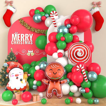 Christmas Balloon Garland Arch Kit, Christmas Balloon Arch With Metallic Green Red White Christmas Latex Balloons Snowflake Sant