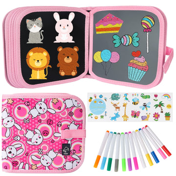 Erasable Doodle Set for Kids - Magic Drawing Book with 12 Watercolor Pens, 14 Pages - Road Trip Car Game Writing Painting Set fo