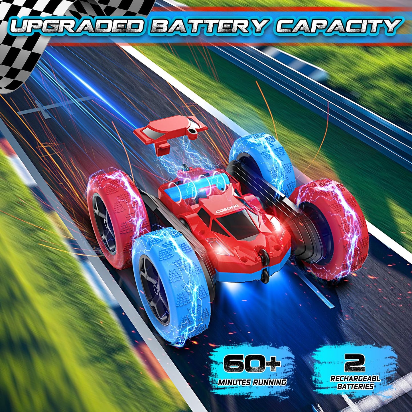 cosone RC Stunt Car for Kids, 360° Rotating, Rechargeable, Model T1, Standard Size, Red & Blue, Perfect Birthday Gift for Ages 6-10