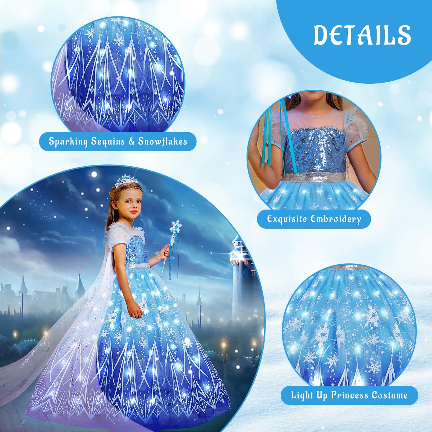 Ciyti Light Up Girls Halloween Costume Snow Princess Dress Ice Christmas Costumes Toddler Kids Costume With Accessories, Blue