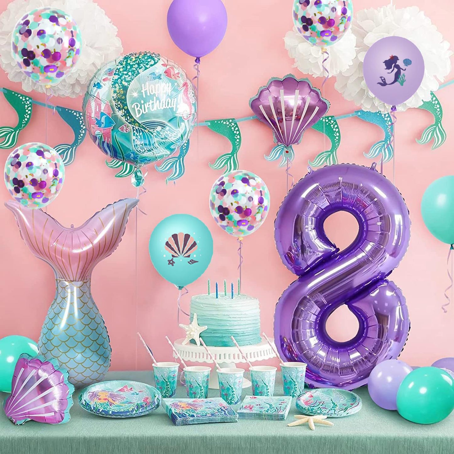 40 Inch Purple Number 8 Balloon,Giant Large Number 8 Balloon,8Th Birthday Mermaid Balloons,Children'S Birthday Party Baby Shower