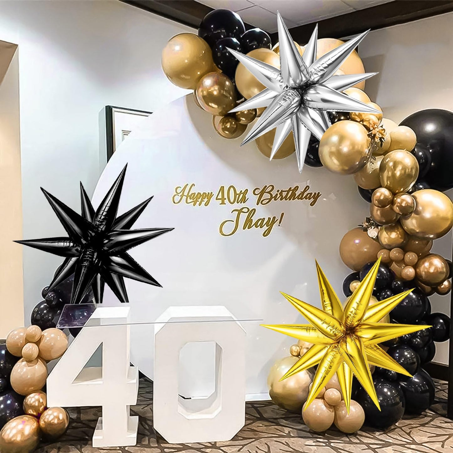Black Gold Silver Metallic Star Balloons, 36 Pcs Big 25 In Explosion Star Foil Balloons, Starburst Cone Mylar Balloons, Spike Ba