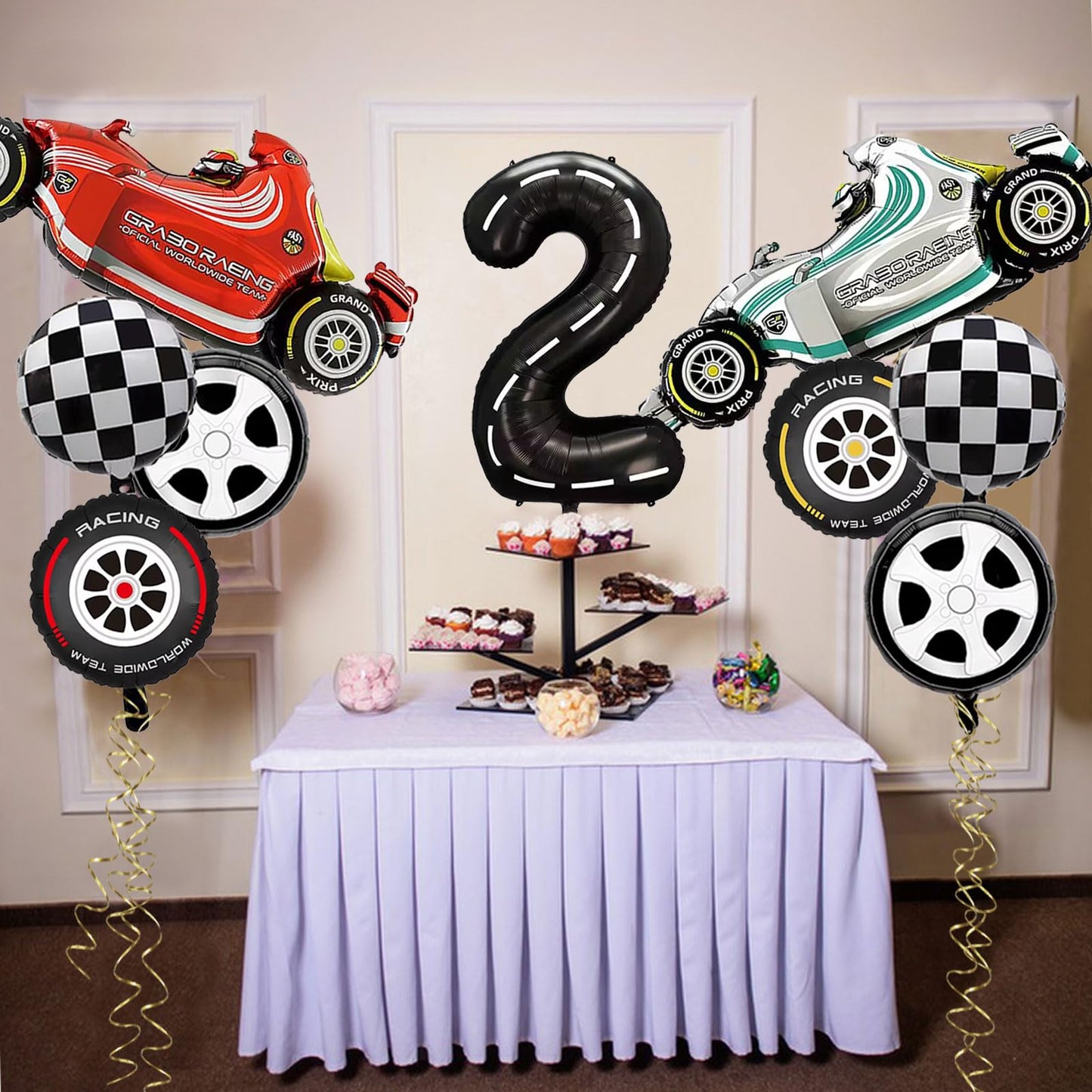 Number 2 Race Car Balloons, 43 Inch Race Car Party Decorations, Wheel Tire Balloons, Black And White Checkered Foil Balloons, Ca