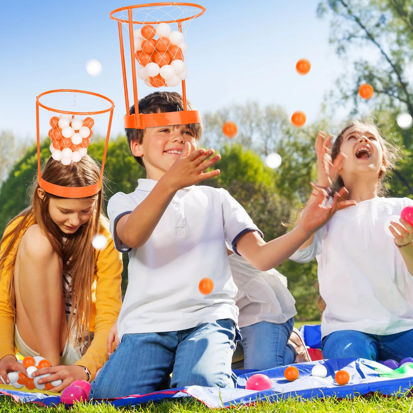 2 Pack Head Hoop Basketball Party Game For Kids And Adults Carnival Game Adjustable Basket Net Headband With 20 Balls For Carnival Party Birthday Party Family Indoor Outdoor Game (Orange)