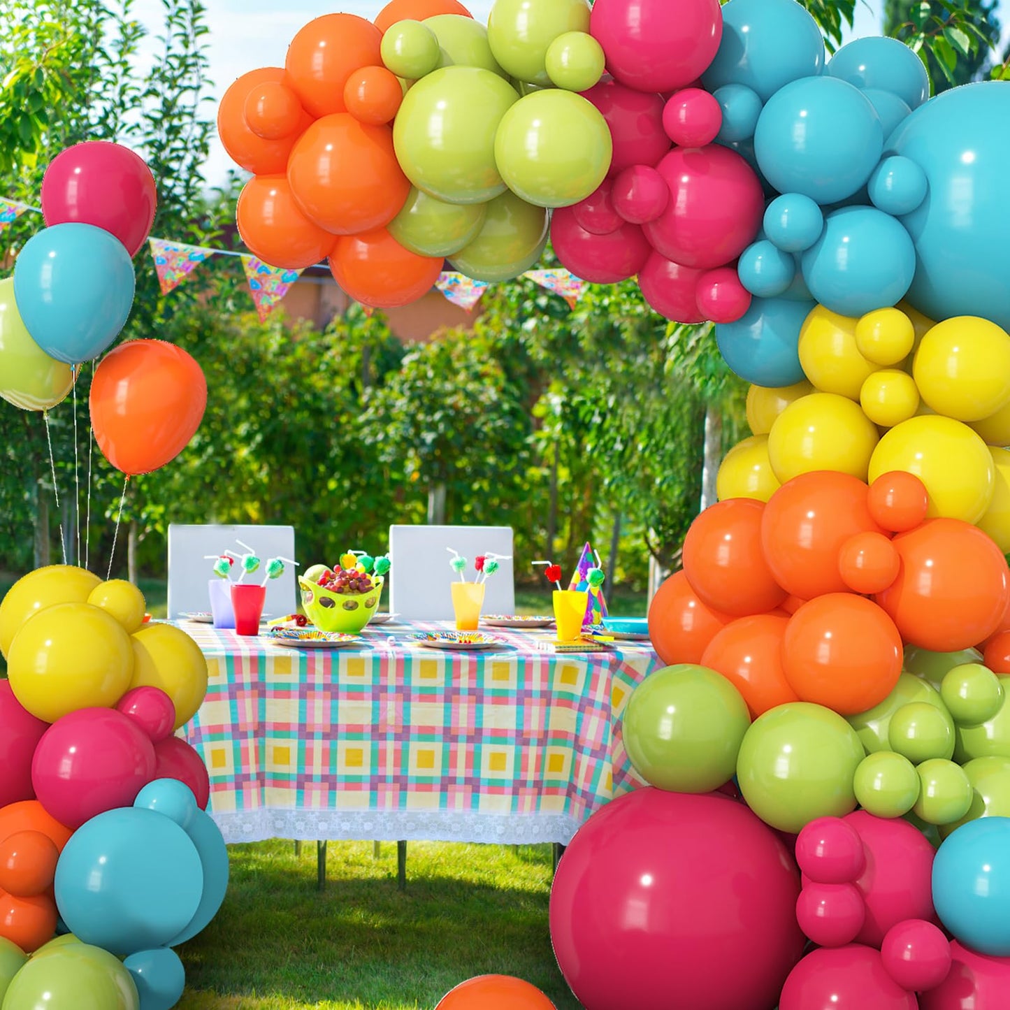 Tropical Balloon Arch Kit, Hot Pink Fruit Green Teal Orange Yellow Latex Rainbow Balloon Garland Kit For Beach Hawaiian Luau Alo