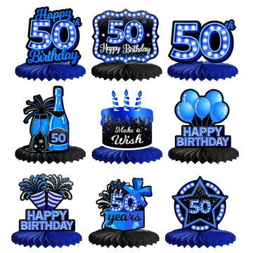 Happy 50th Birthday Honeycomb Centerpieces 9Pcs Stylish Sophisticated Blue Neon Theme Table Decor for Boys Girls Birthday Party 