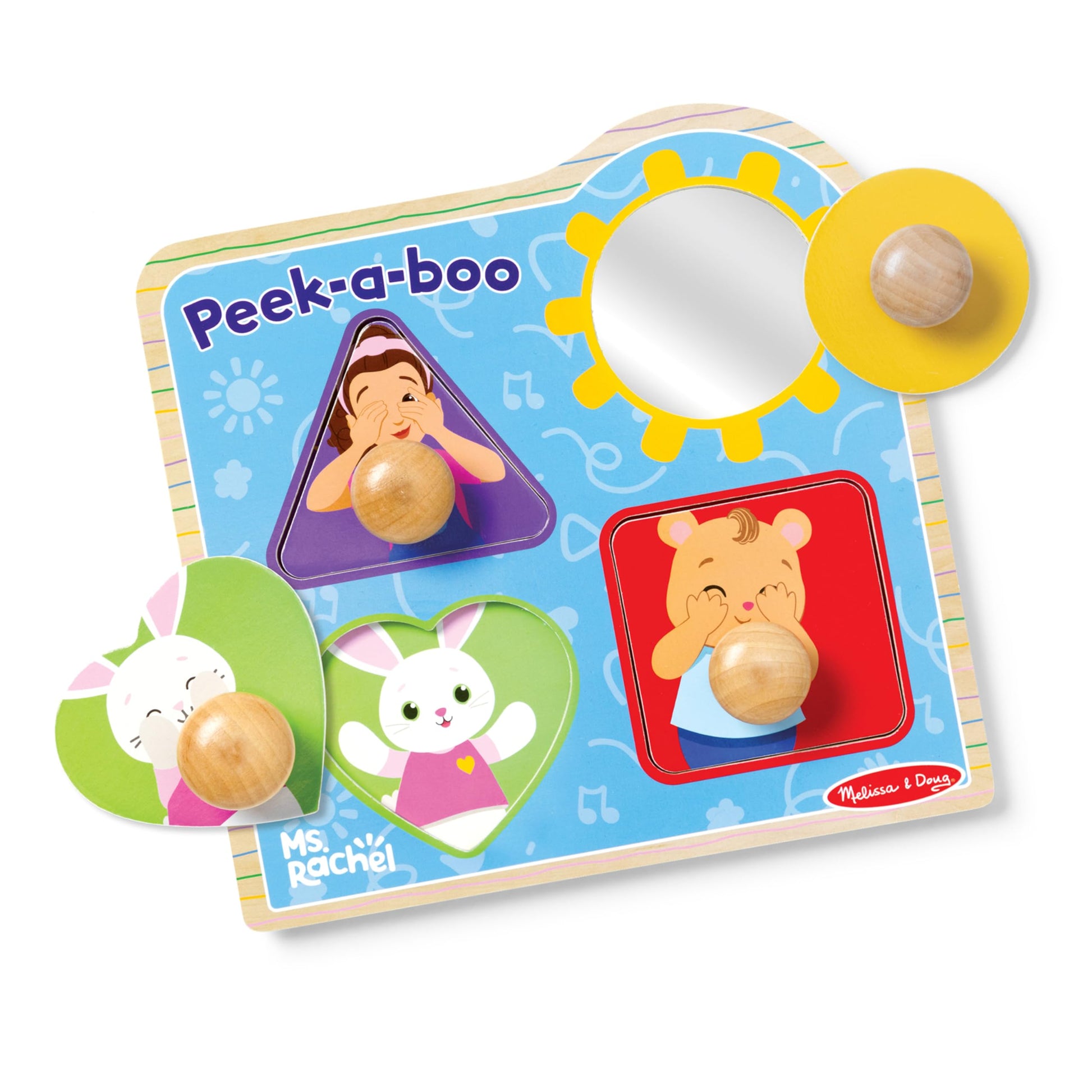 Melissa & Doug? Ms. Rachelwooden Peek-A-Boo Jumbo Peg Puzzle, 4-Piece With Mirror, Toddler Toys For Boys And Girls Ages 1+ Years