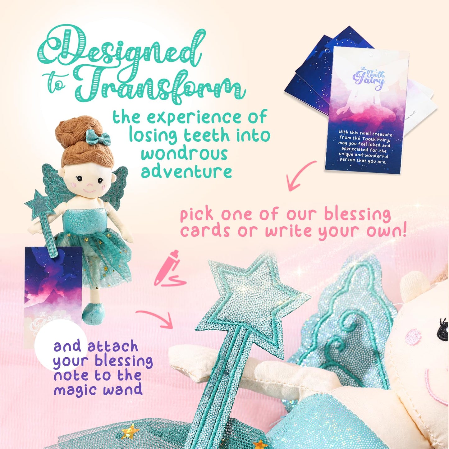 Betterline Tooth Fairy Doll With 26 Blessing Cards, Tooth Fairy Doll With Tooth Holder & Magical Wand, Lost Tooth Keepsake, Kids