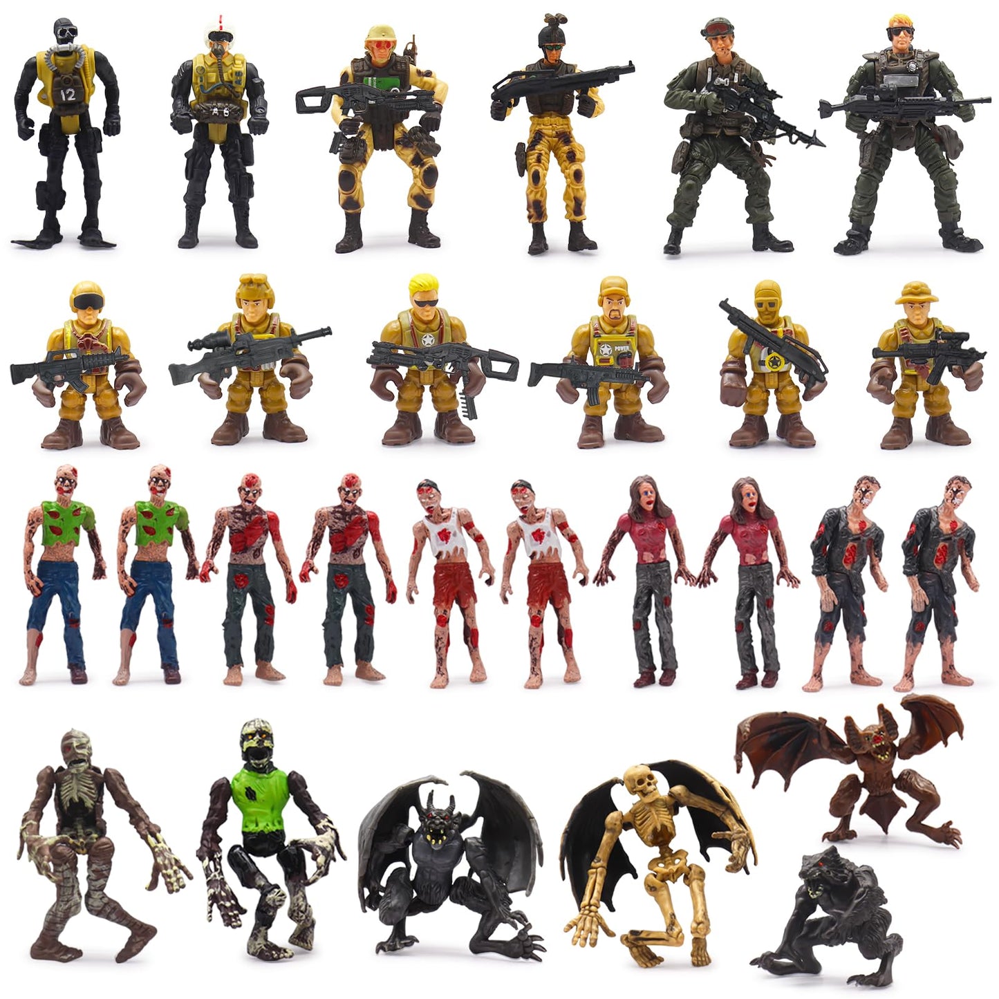Qutumill Army Men Action Figures Playset  30 PCS Soldiers Zombies Monsters Action Figures with  Gear Equipment Accessories - 4 Inches Military Action Figures Toy for Boys Ages 6-12 Years Old