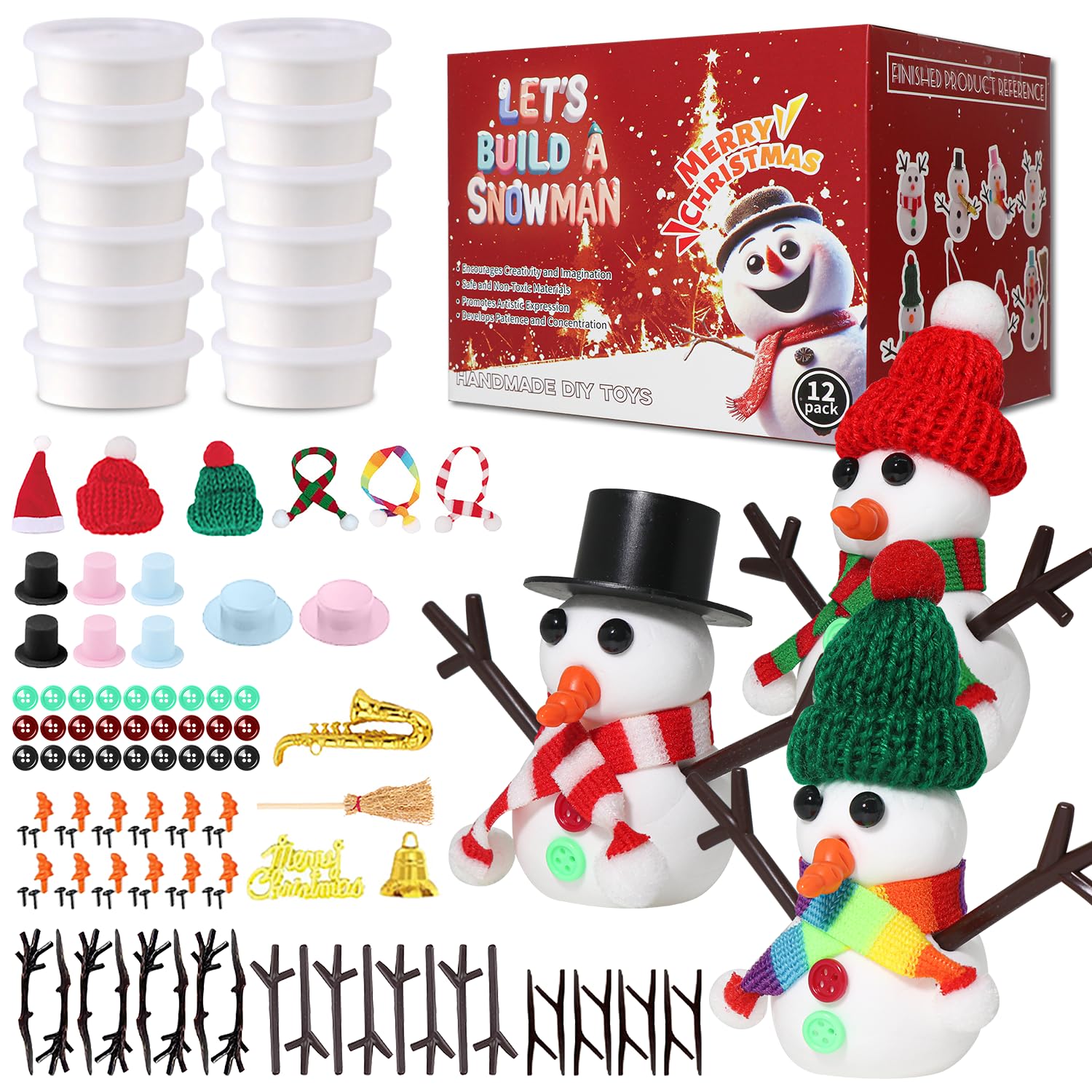 LAHAND 12-Pack Christmas Snowman Crafts Sets for Kids, Modeling Clay Snowman DIY Kit,Christmas Stocking Stuffers for Kids, Perfe