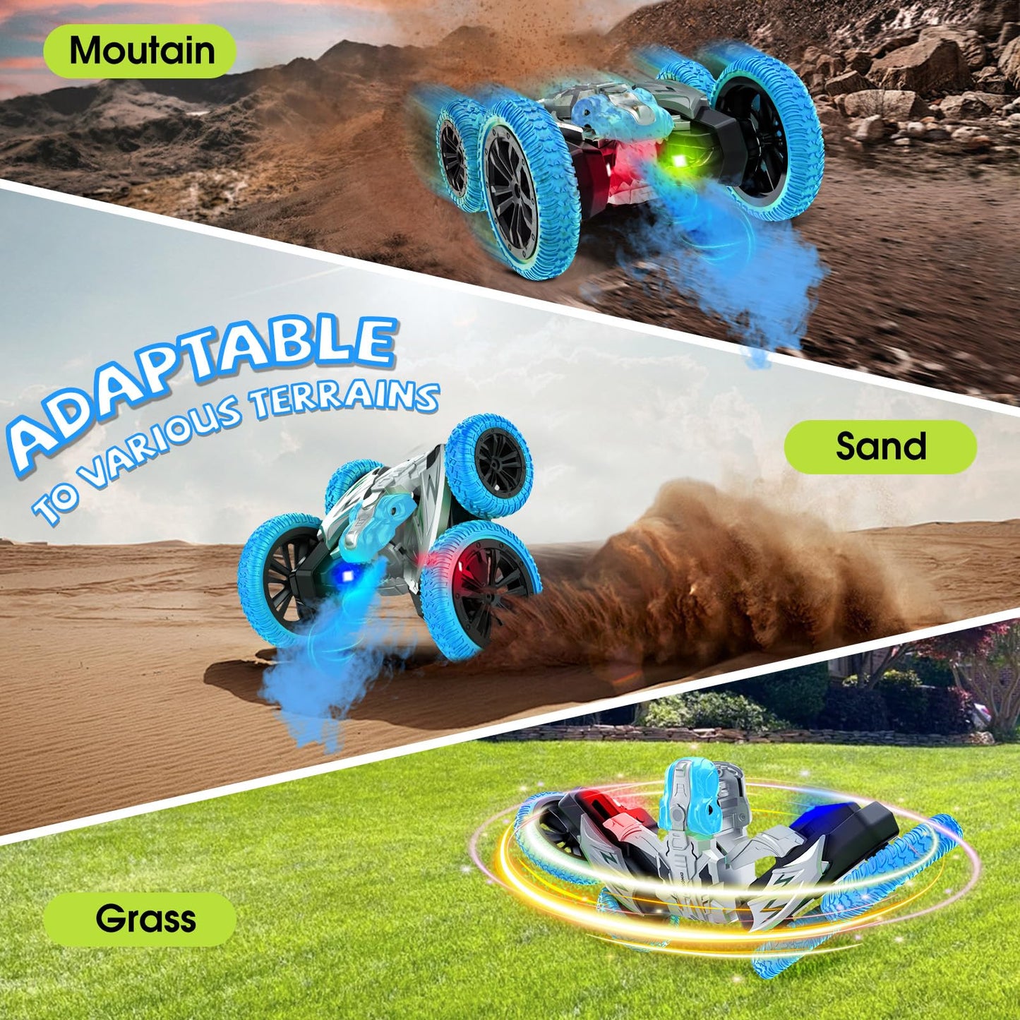 Remote Control Car, 360 Rotating RC Stunt Car with Lights and Spray, 2.4Ghz 4WD Double-Sided Driving RC Car Toys for Kids, Outdo