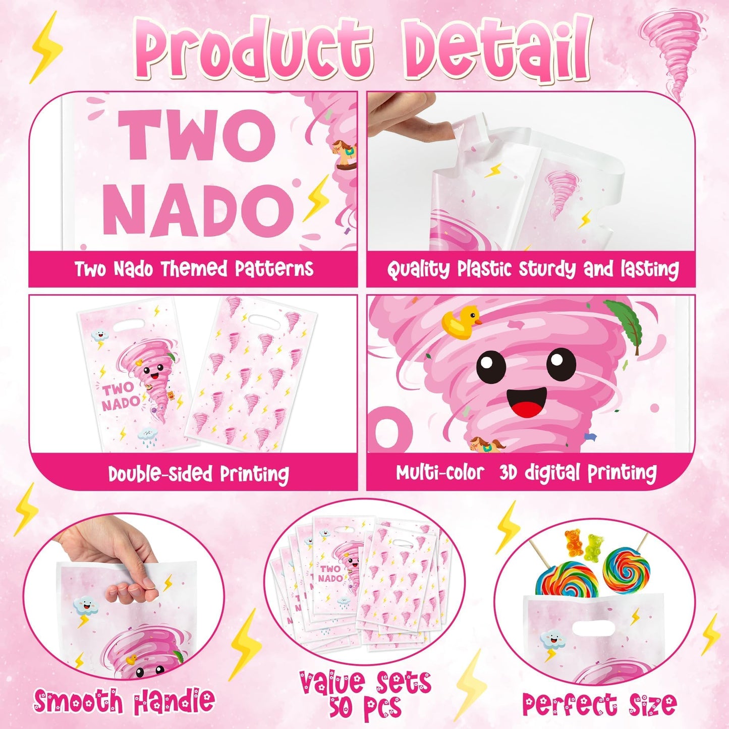 ArianQicult Two Nado Party Favor Bags - 50Pcs Pink Tornado Patterns Goody Candy Treat Gifts Bags, Cute Two Nado Themed Kid Party