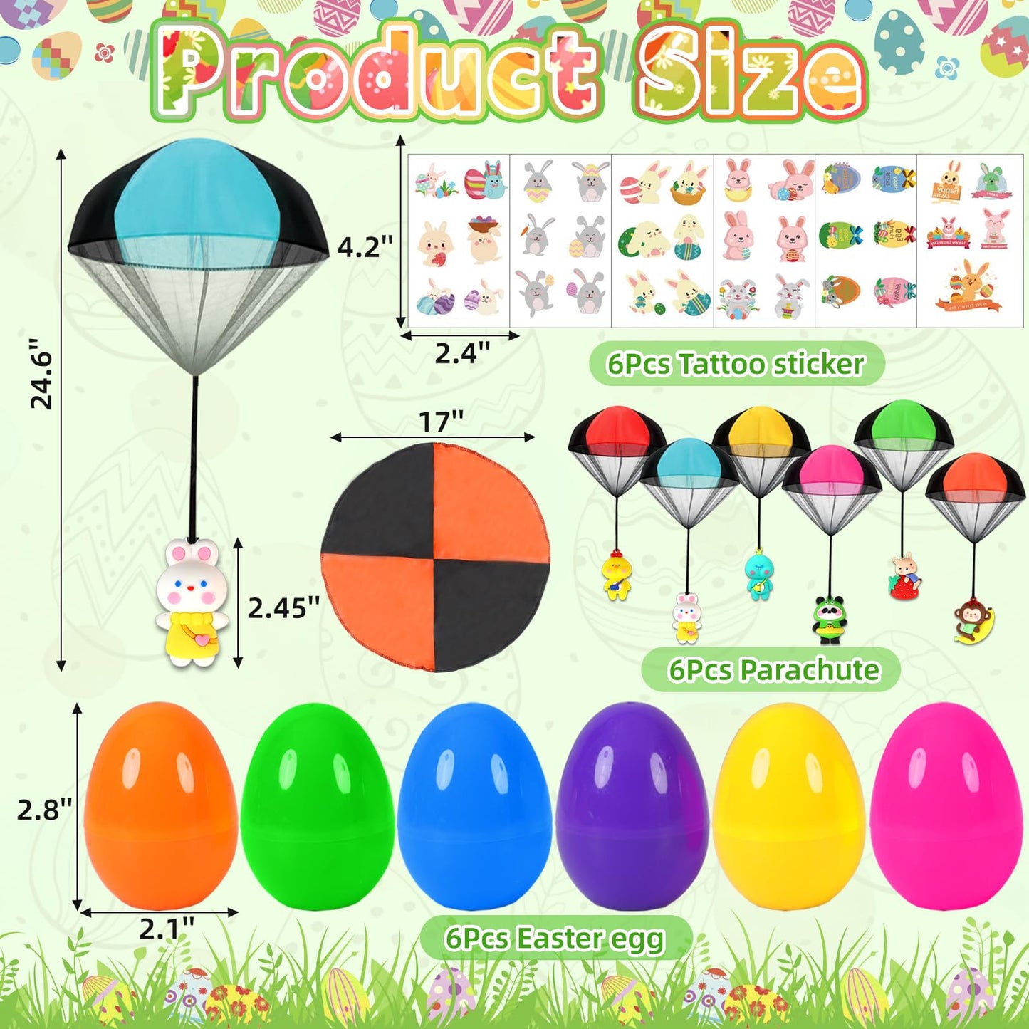 6 Pack Prefilled Easter Eggs With Parachute Toys Inside, Parachute Toys For Kids With 35 Pcs Easter Temporary Tattoos Easter Bas