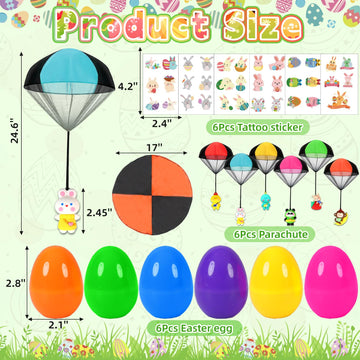 6 Pack Prefilled Easter Eggs With Parachute Toys Inside, Parachute Toys For Kids With 35 Pcs Easter Temporary Tattoos Easter Bas