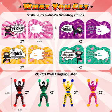AuroTops Valentines Day Cards for Kids, 28 Pack Sticky Wall Climbing Men Ninja with Cute Valentines Cards, Wall Climbers Toys f