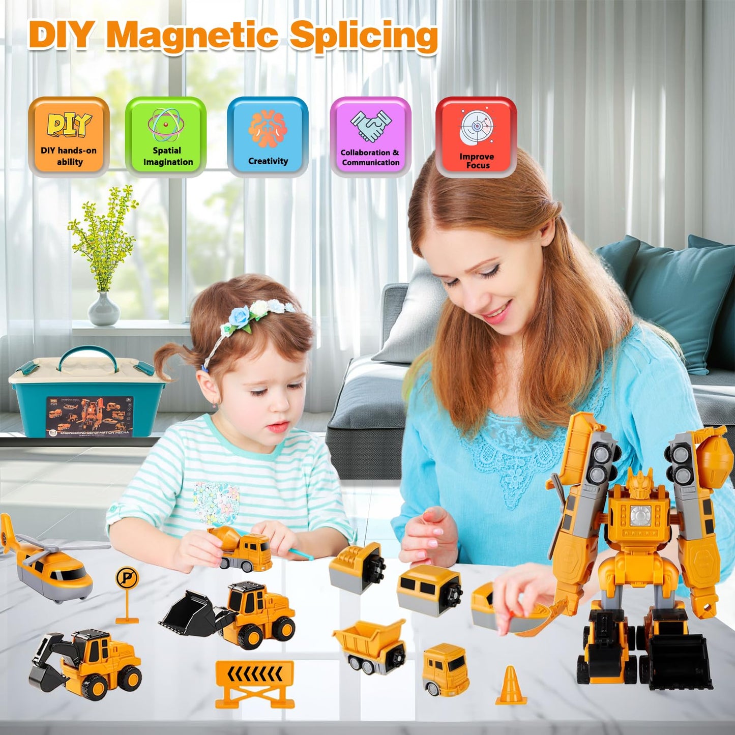 Magnetic Transform Engineering Car Assembled Toys, Construction Vehicles With Storage Box, 7 In 1 Robot Toys Set, Magnetic Block