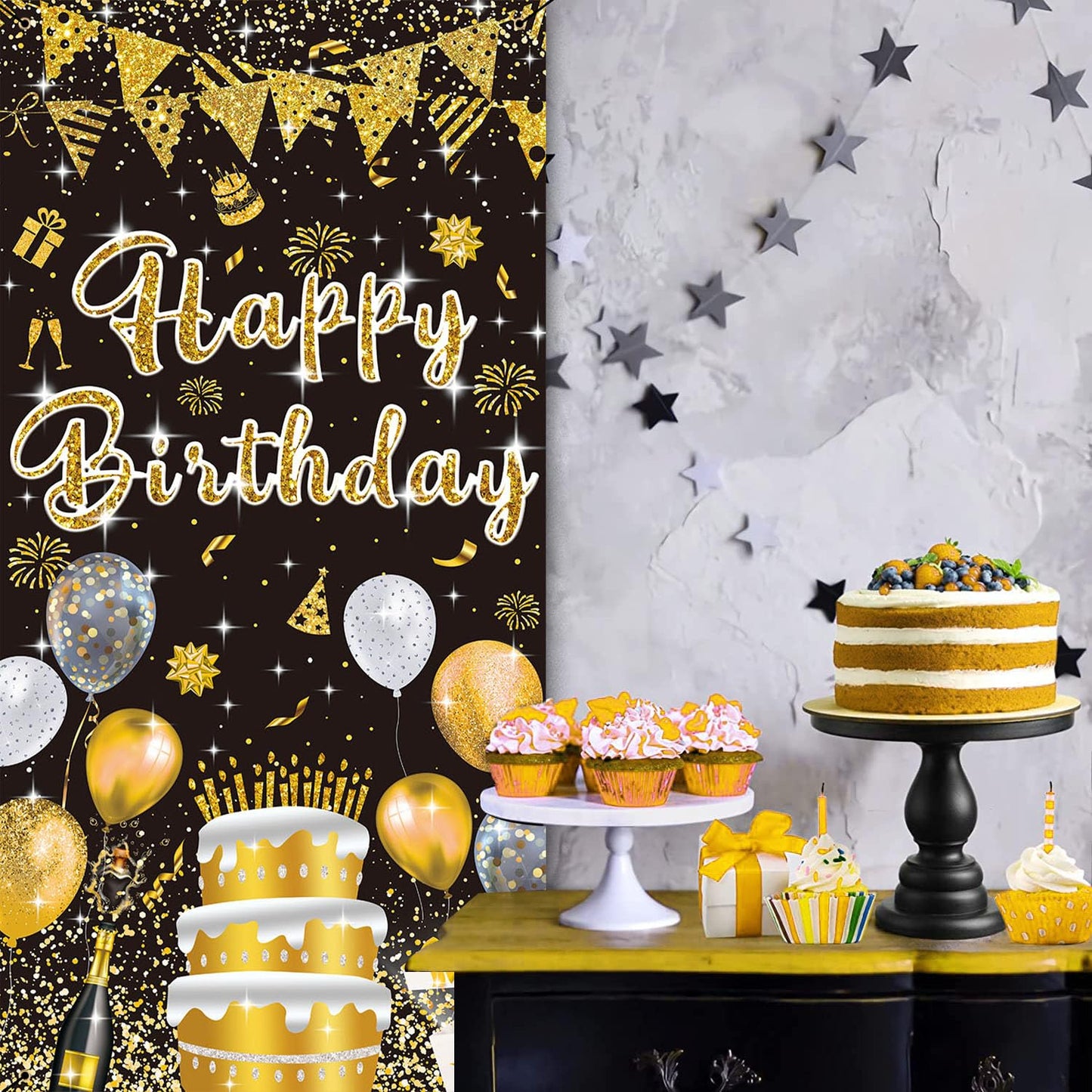 GYA 3x6ft Black Gold Birthday Door Banner Glitter Sequin Happy Birthday Background Cake Balloons Gifts Backdrops Girl Boy Men Wo