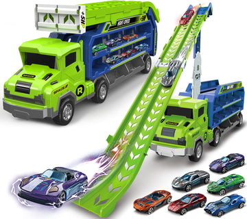 Kids Toys for 2 3 4 5 6 7 8 Years Old Boys, Carrier Truck Transport Car Toys, Foldable 2 Layer Car Race Track Playset with 46-in