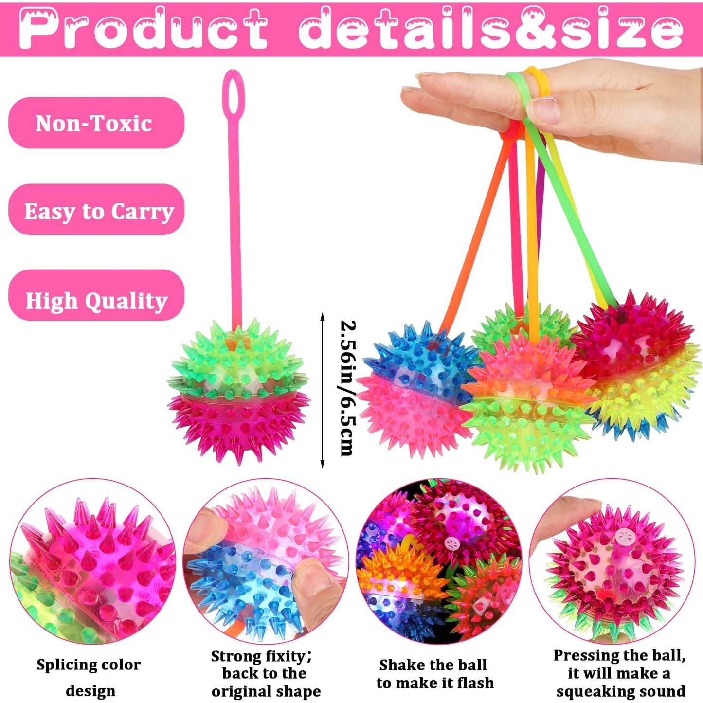 Haerbao 24 Pieces Light Up Bouncy Ball Light up Spike Rubber Ball Sensory Toy Flashing Spiky Sensory Stress Balls for Party Favo