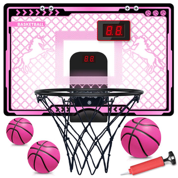 Basketball Hoop Indoor Kids Girls Pink - Mini Over The Door Basketball Hoops With Electronic Scoreboard Toys & 3 Balls, Unicorn