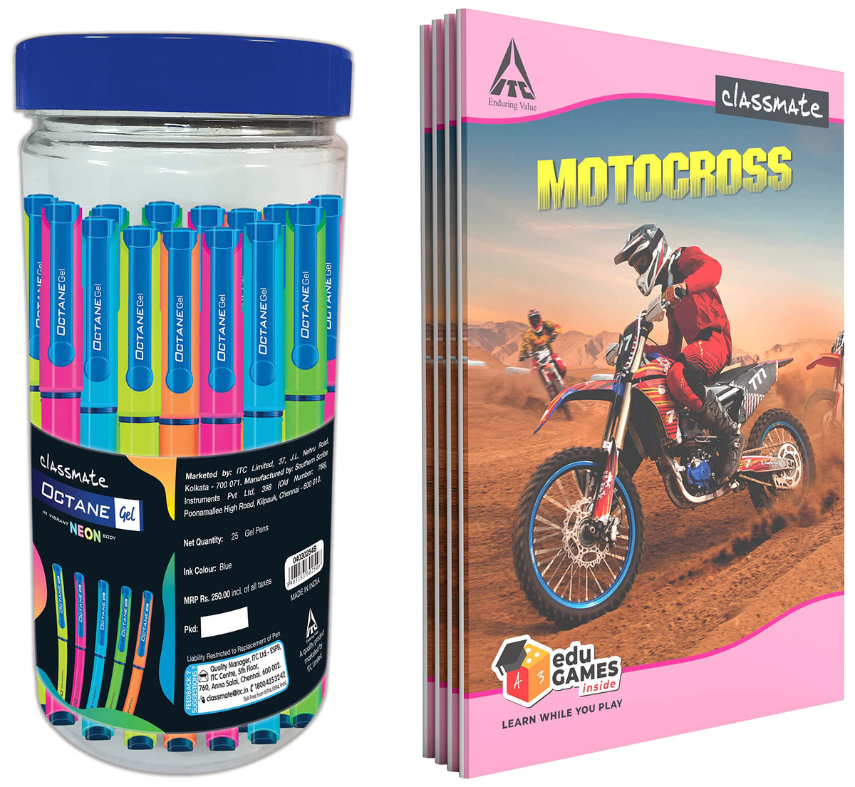 Classmate Octane Neon Gel 25s Jar 25 Blue Gel Pens Notebook  Single Line