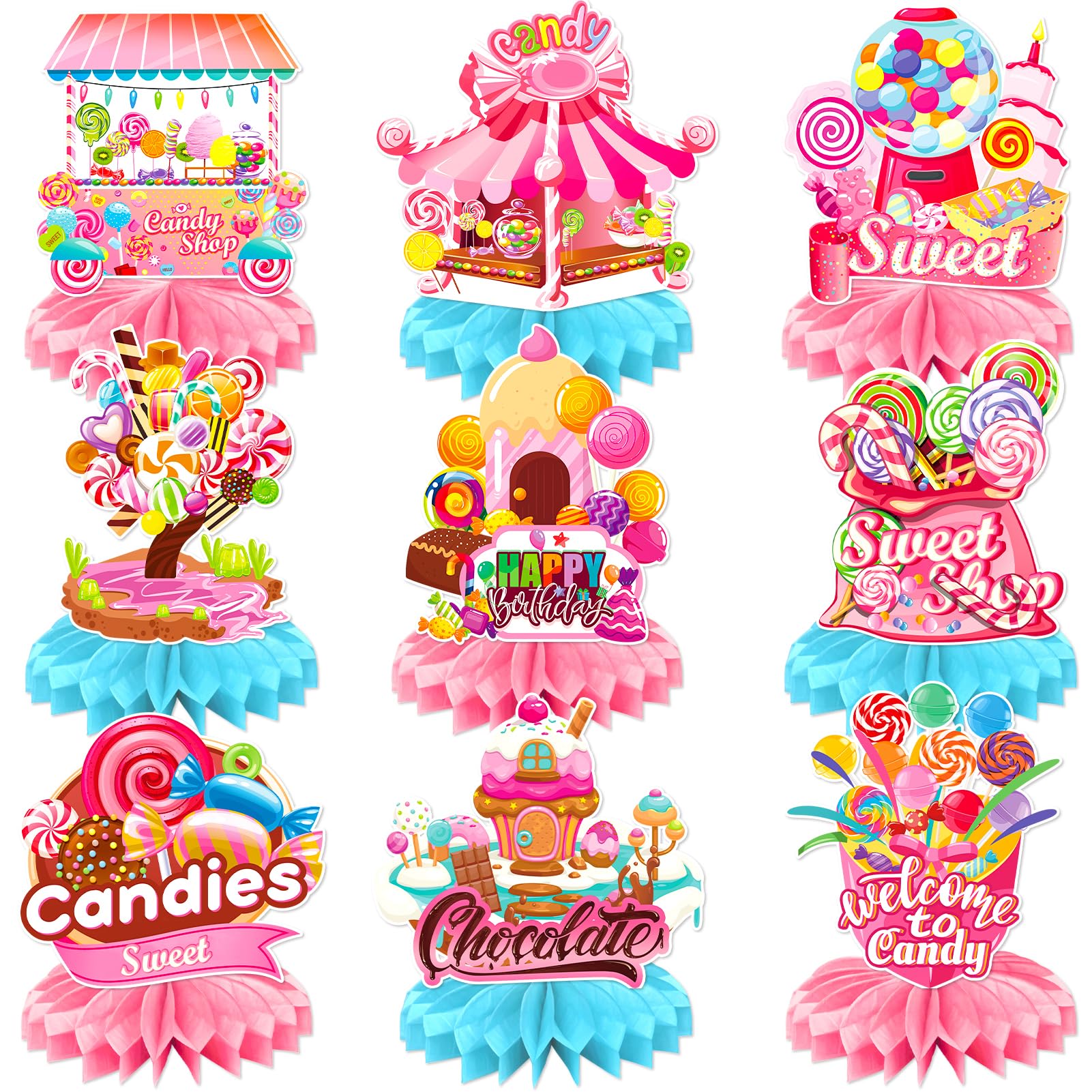 9PCS CandyLand Party Decorations, Candy Land Table Centrepieces Candy Themed Honeycomb Decorations Colourful Lollipop Birthday P
